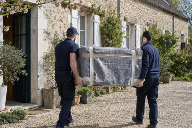 Deux déménageurs portent une commode emballée dans une couverture de protection, L'Isle-Adam