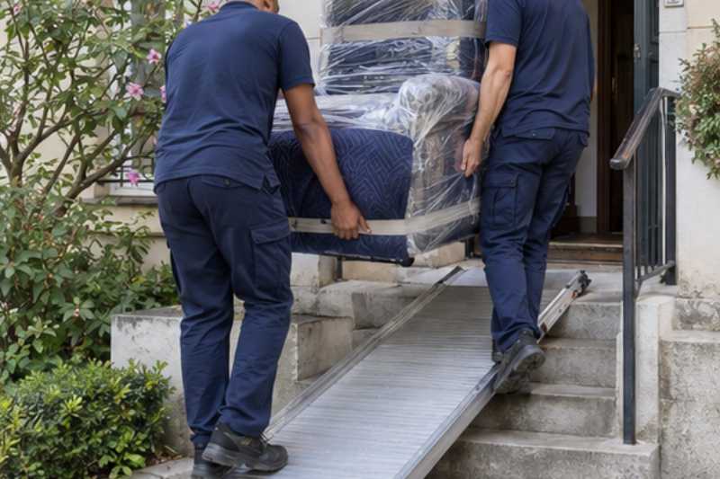 Deux déménageurs portent un fauteuil releveur emballé, perron de quelques marches avec une rampe mobile posée