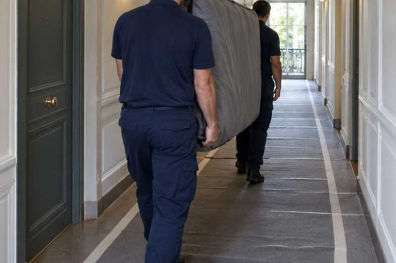 Deux déménageurs portent un grand matelas sous housse zippée, long couloir d'immeuble protégé par des tapis