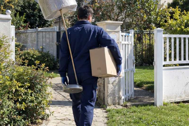 Déménageur portant un lampadaire et un carton de vaisselle, Lagny-sur-Marne