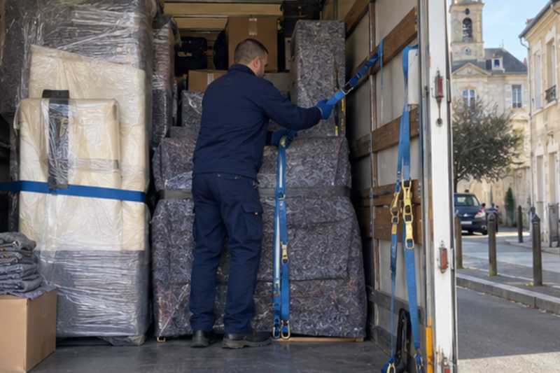 Déménageur qui sangle des meubles emballés dans la caisse du camion, Lagny-sur-Marne