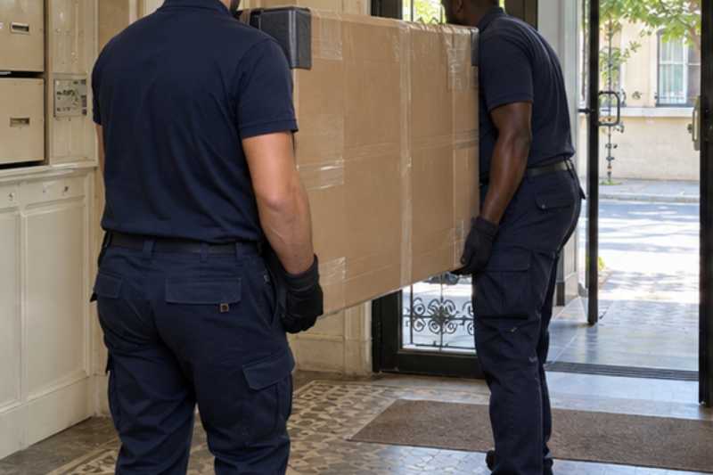 Deux déménageurs portent un grand téléviseur protégé par un carton épais, hall d'immeuble résidentiel