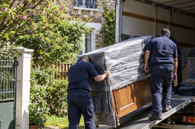 Chargement d'un buffet emballé par la rampe du camion, Le Blanc-Mesnil