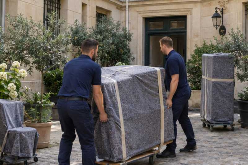 Deux déménageurs portent des meubles emballés sous couvertures, cour intérieure d'immeuble, chariots roulants