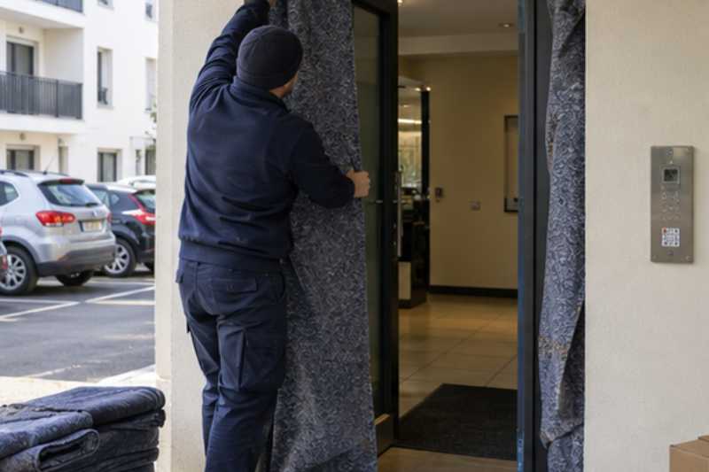 Déménageur qui protège l'encadrement de porte avec des couvertures, Le Blanc-Mesnil
