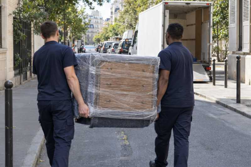 Deux déménageurs portent une commode à tiroirs emballée, rue étroite, camion blanc garé plus loin