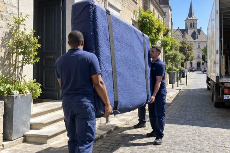 Déménageurs portant un matelas protégé par une housse, Le Pecq