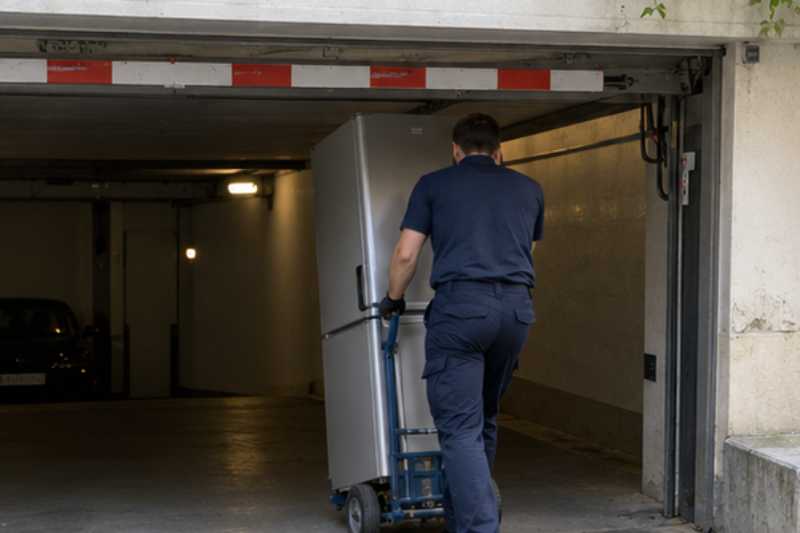 Déménageur qui roule un réfrigérateur combiné debout sur un diable, entrée de parking souterrain à hauteur limitée