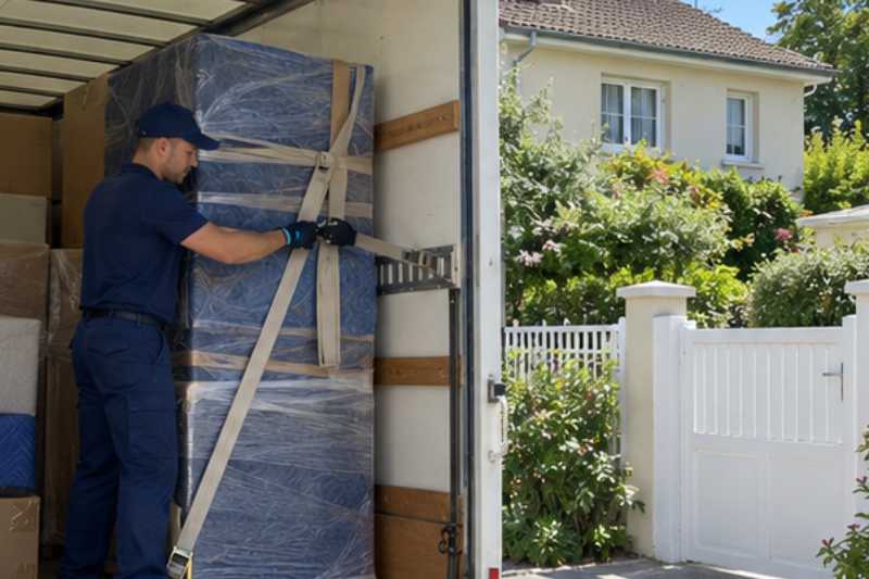 Déménageur qui sangle des meubles emballés dans la caisse du camion, Le Pecq