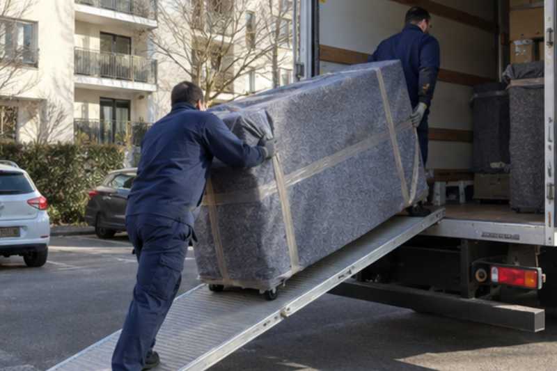 Chargement d'un buffet emballé par la rampe du camion, Le Perreux-sur-Marne
