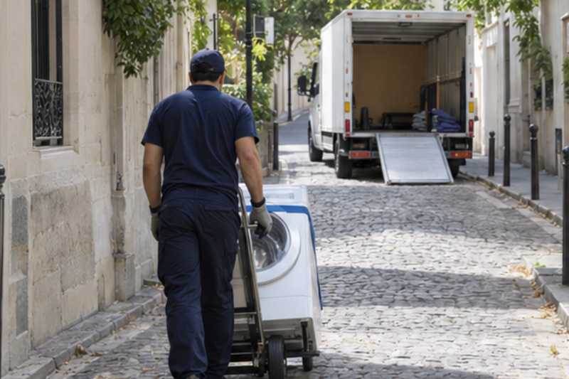 Déménageur qui roule un lave-linge sanglé sur un diable, rue étroite, camion blanc garé plus loin