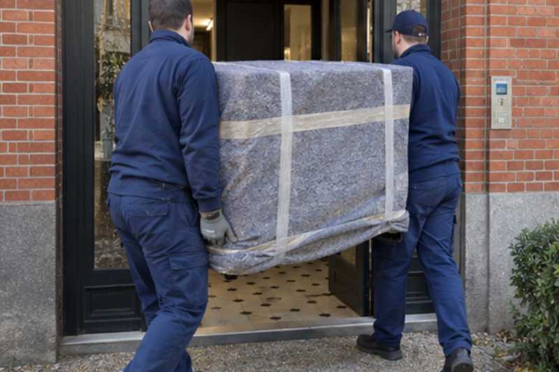 Deux déménageurs portent une commode emballée dans une couverture de protection, Le Perreux-sur-Marne