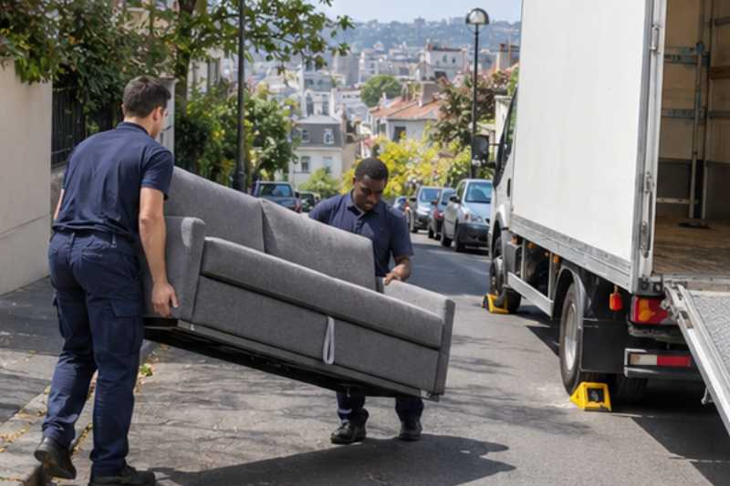Deux déménageurs manœuvrent un canapé convertible lourd, rue en pente, camion calé le long du trottoir
