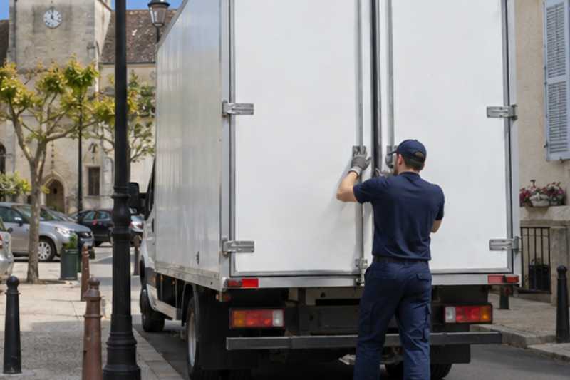 Déménageur qui ferme les portes arrière du camion chargé, Les Mureaux