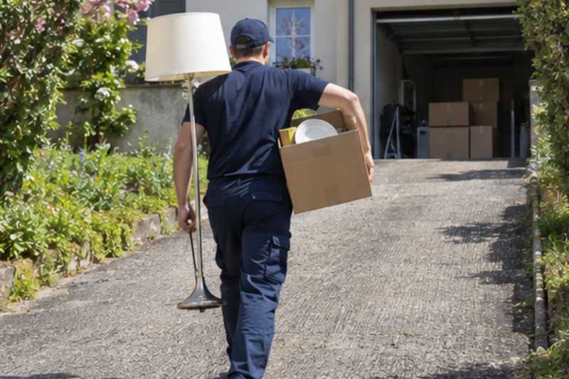 Déménageur portant un lampadaire et un carton de vaisselle, Les Mureaux