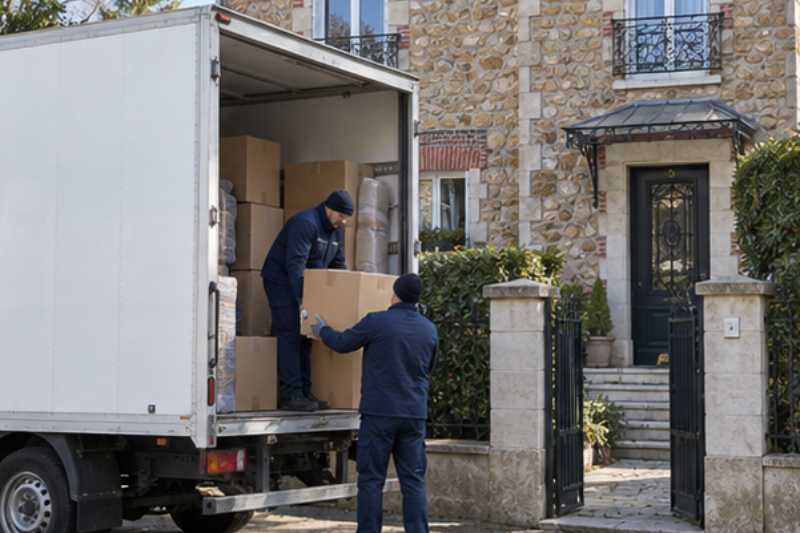 Camion blanc stationné devant l'entrée, deux déménageurs chargent des cartons, Levallois-Perret