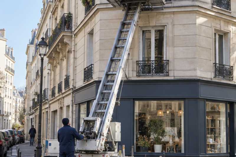Monte-meuble déployé contre la façade, un fauteuil emballé sur la plateforme, Levallois-Perret