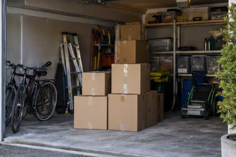 Garage de maison avec cartons, vélos et outils prêts à charger