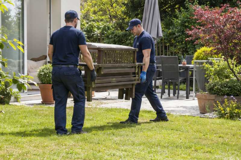 Maison avec jardin, déménageurs qui sortent du mobilier de jardin
