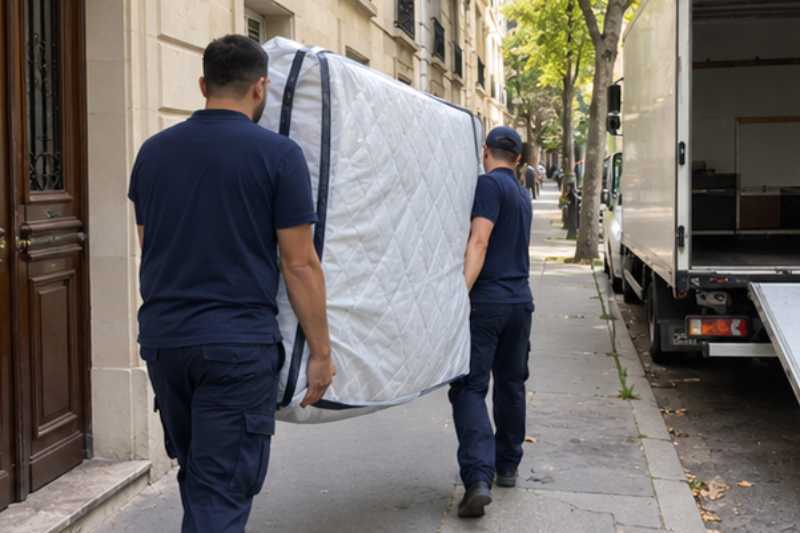 Deux déménageurs portent un grand matelas sous housse zippée, trottoir devant un immeuble, camion blanc en arrêt court