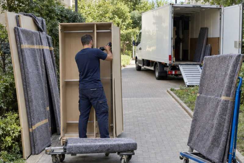 Déménageur qui démonte une armoire trois portes, panneaux protégés par des couvertures, allée de résidence, chariots roulants vers le camion