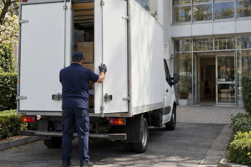 Déménageur qui ferme les portes arrière du camion chargé, Maisons-Alfort