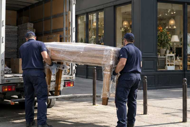 Deux déménageurs sortent une table en bois emballée, Maisons-Alfort