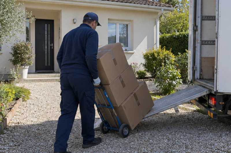 Un déménageur descend des cartons empilés sur un diable, Maisons-Laffitte