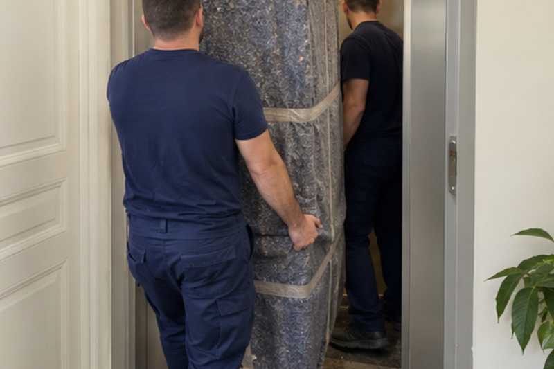 Deux déménageurs portent des meubles emballés sous couvertures, palier devant un ascenseur étroit