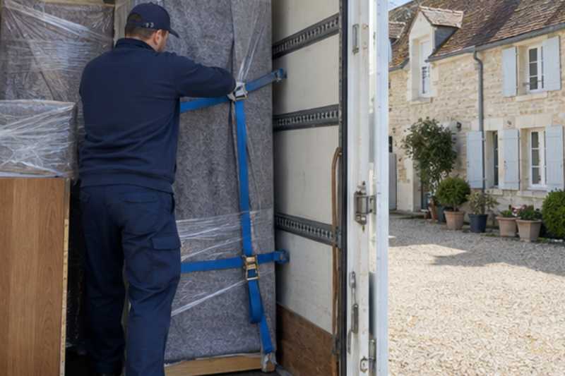 Déménageur qui sangle des meubles emballés dans la caisse du camion, Maisons-Laffitte
