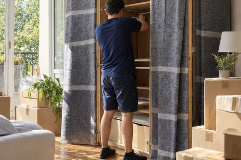 Déménageur qui démonte une armoire trois portes, panneaux protégés par des couvertures, appartement aux cartons fraîchement fermés