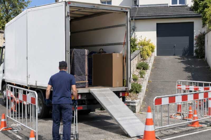 Camion blanc sur une place réservée délimitée par des barrières, Mantes-la-Jolie