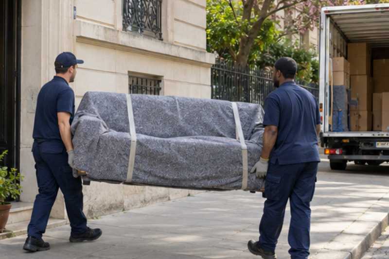 Deux déménageurs portent un canapé trois places sous couverture, trottoir devant un immeuble, camion blanc en arrêt court