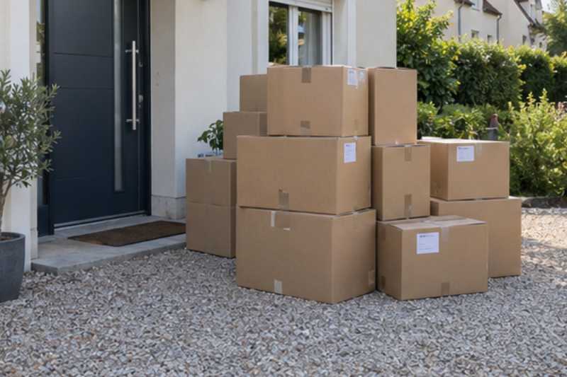 Pile de cartons fermés et étiquetés prête au pied de l'entrée, Mantes-la-Jolie