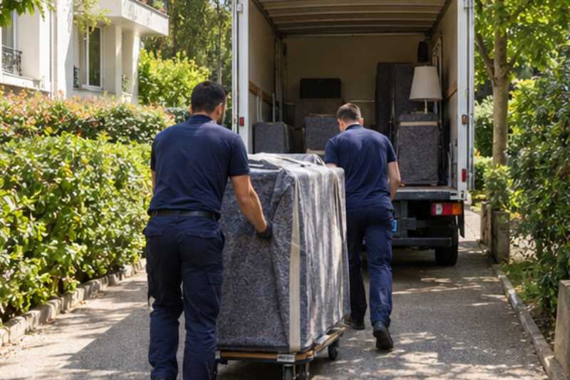 Deux déménageurs portent des meubles emballés sous couvertures, allée de résidence, chariots roulants vers le camion