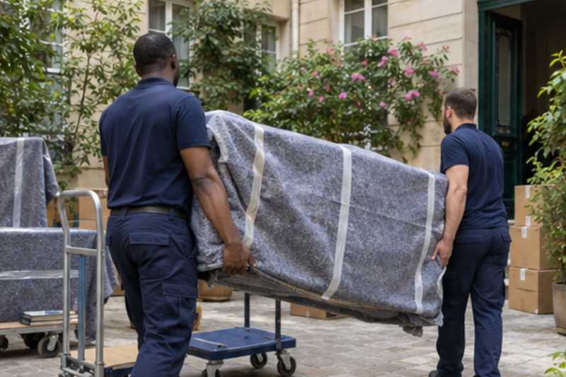 Deux déménageurs portent des meubles emballés sous couvertures, cour intérieure d'immeuble, chariots roulants