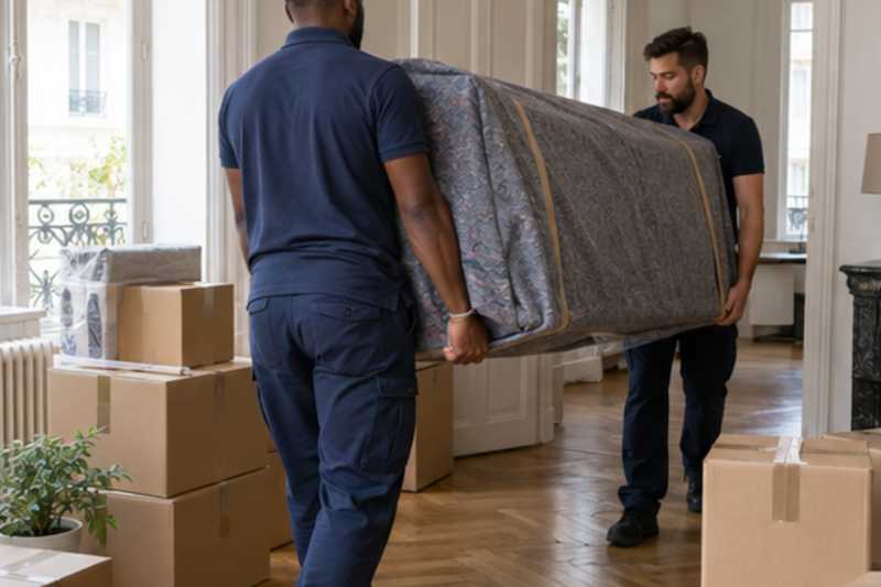 Deux déménageurs portent des meubles emballés sous couvertures, appartement aux cartons fraîchement fermés