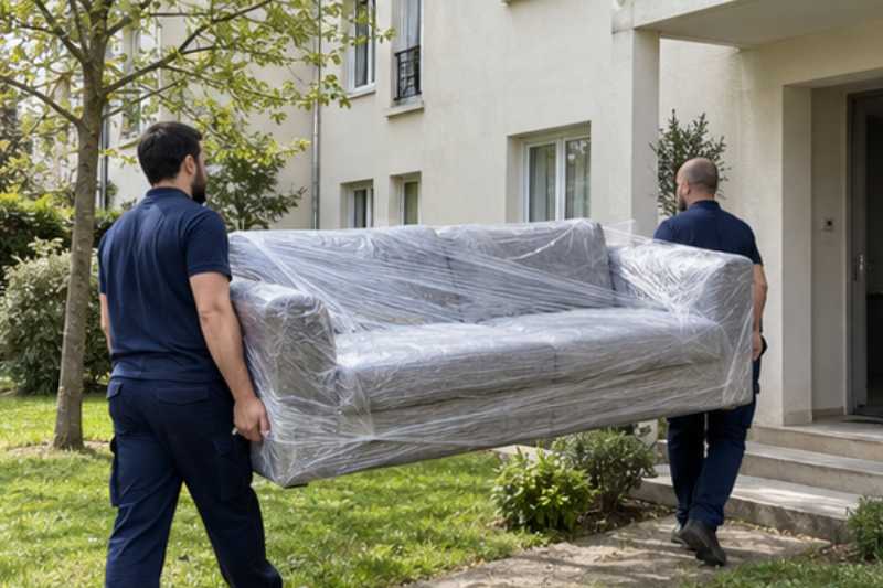 Déménageurs portant un canapé emballé sous film plastique, Massy