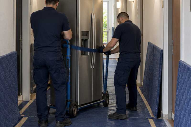 Deux déménageurs sanglent un réfrigérateur américain debout sur un diable, long couloir d'immeuble protégé par des tapis