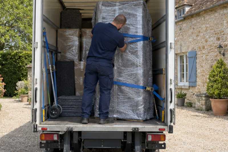 Déménageur qui sangle des meubles emballés dans la caisse du camion, Massy