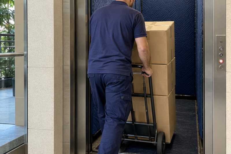 Déménageur qui roule une pile de cartons fermés sur un diable, hall d'immeuble avec ascenseur aux parois protégées