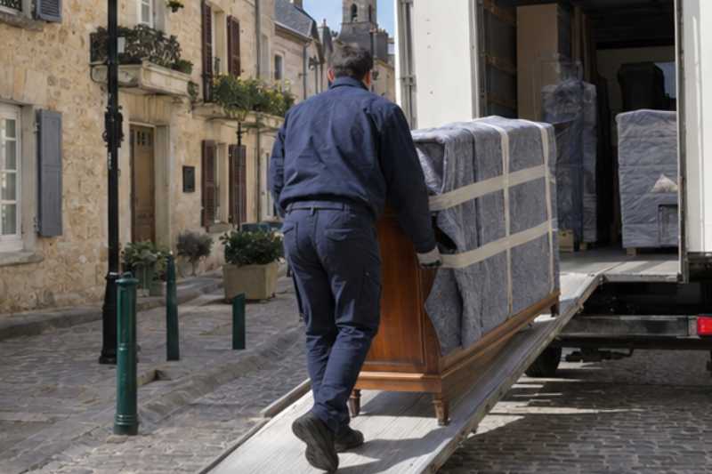 Chargement d'un buffet emballé par la rampe du camion, Maurepas