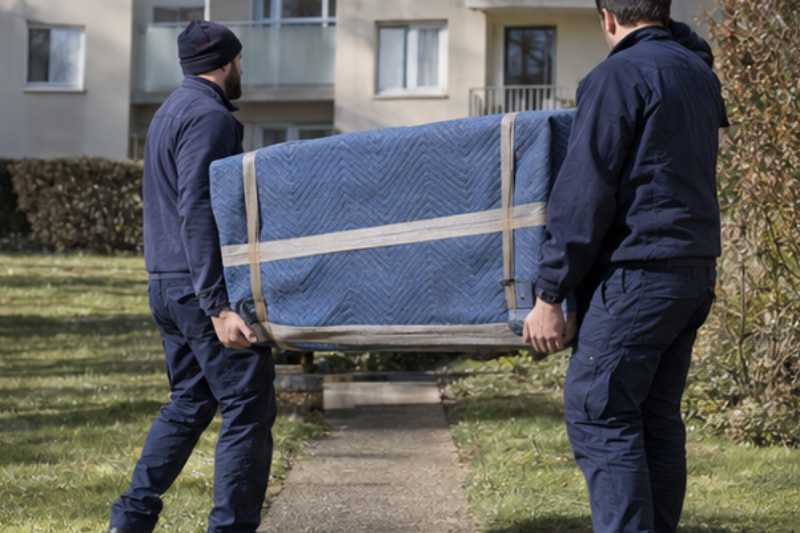 Deux déménageurs portent une commode emballée dans une couverture de protection, Maurepas