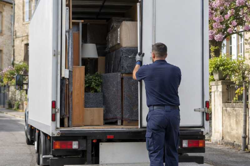 Déménageur qui ferme les portes arrière du camion chargé, Meaux