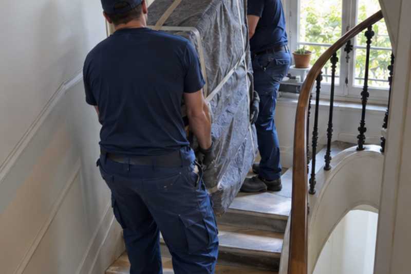 Deux déménageurs portent des meubles emballés sous couvertures, escalier tournant avec un palier étroit