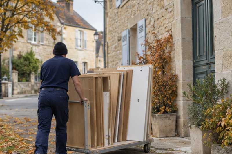Déménageur qui roule une armoire démontée sur un chariot à plateau, Meaux