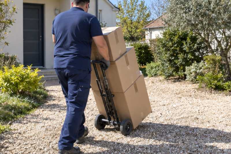 Un déménageur descend des cartons empilés sur un diable, Melun