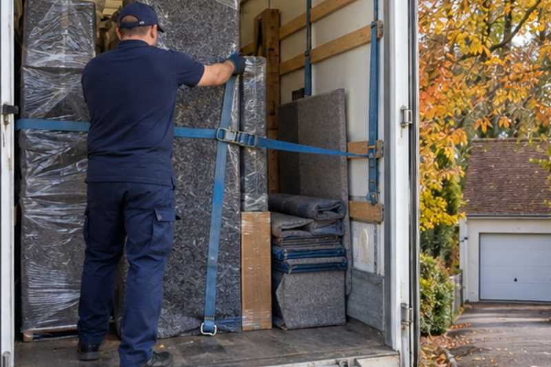 Déménageur qui sangle des meubles emballés dans la caisse du camion, Melun
