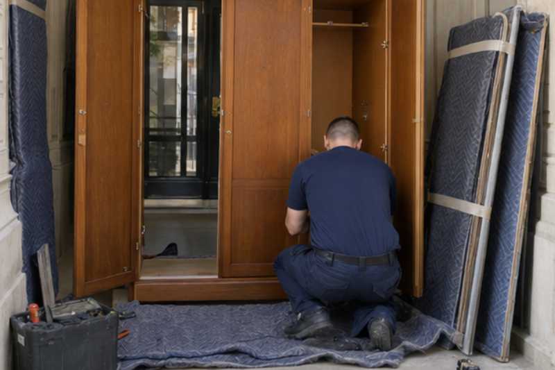 Déménageur qui démonte une armoire trois portes, panneaux protégés par des couvertures, porche bas d'immeuble ancien