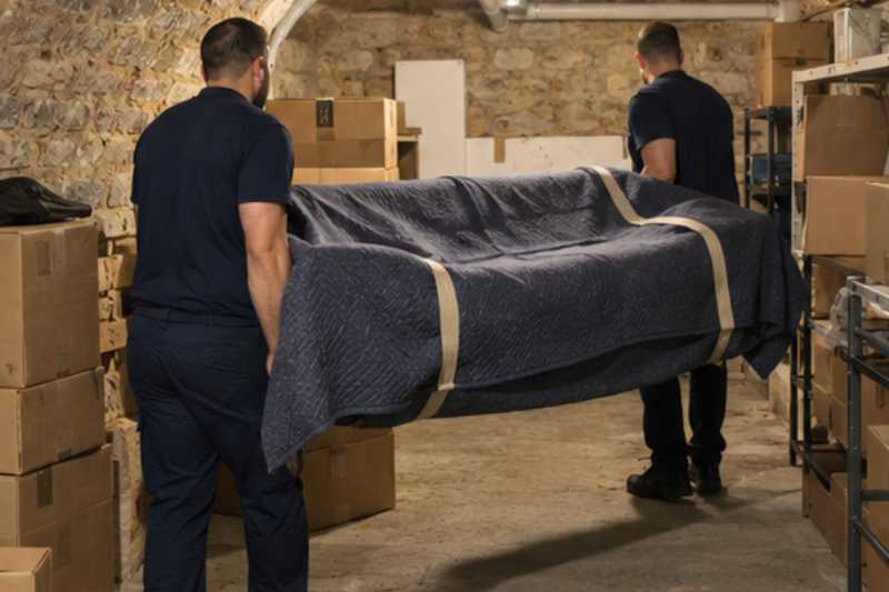 Deux déménageurs portent un canapé trois places sous couverture, cave voûtée d'immeuble avec cartons
